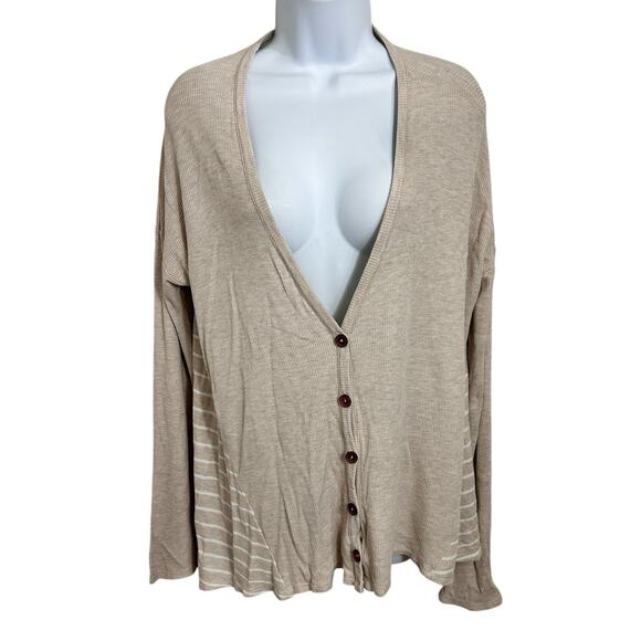 tea n rose Beige Cardigan Sweater Sz Large V-Neck Button Front Waffle Knit Long - Picture 5 of 5